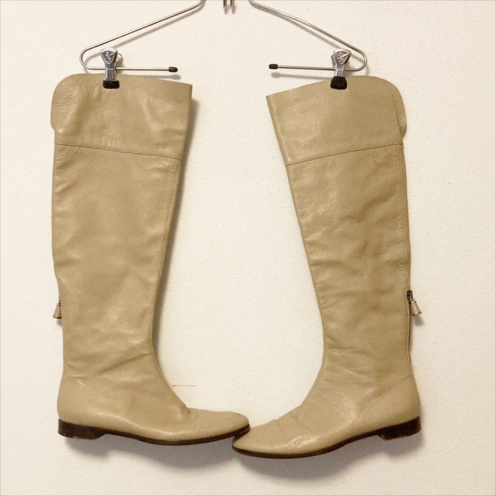 Sergio Rossi Designer Cream Leather Knee High Boots Zips Pullon 36.5 / 6.5